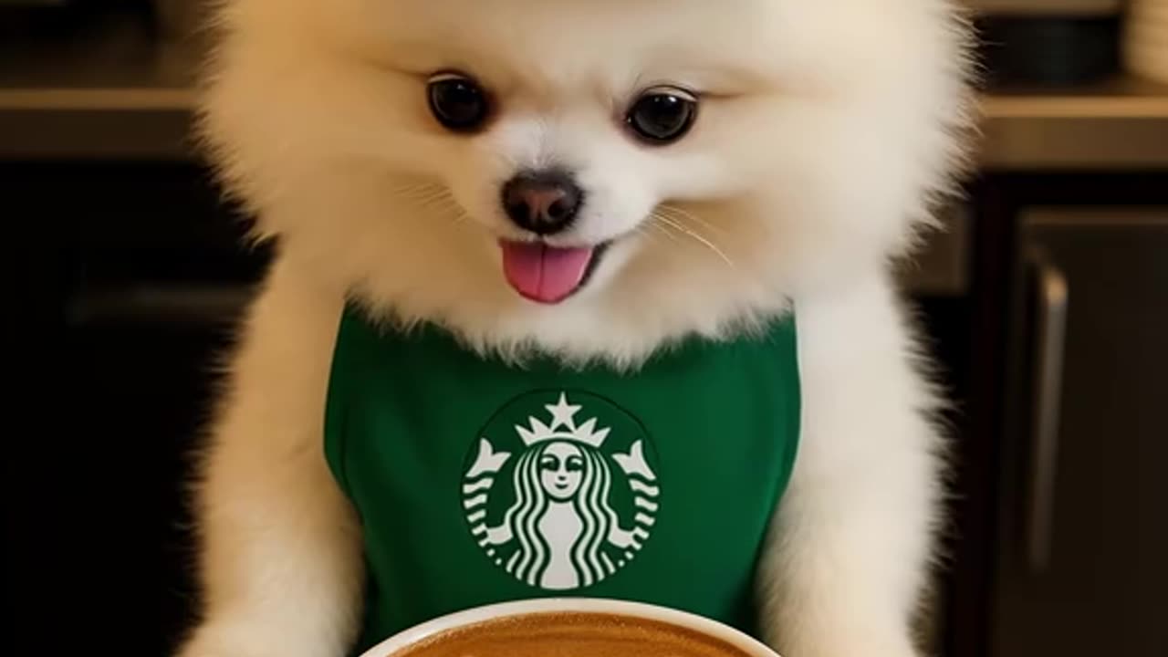 Cute puppy serving in Starbucks