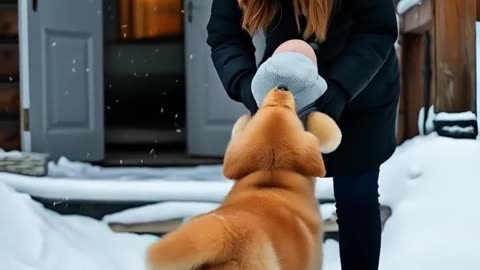 The dog saved the baby in the winter and kept him warm so that he could survive.
