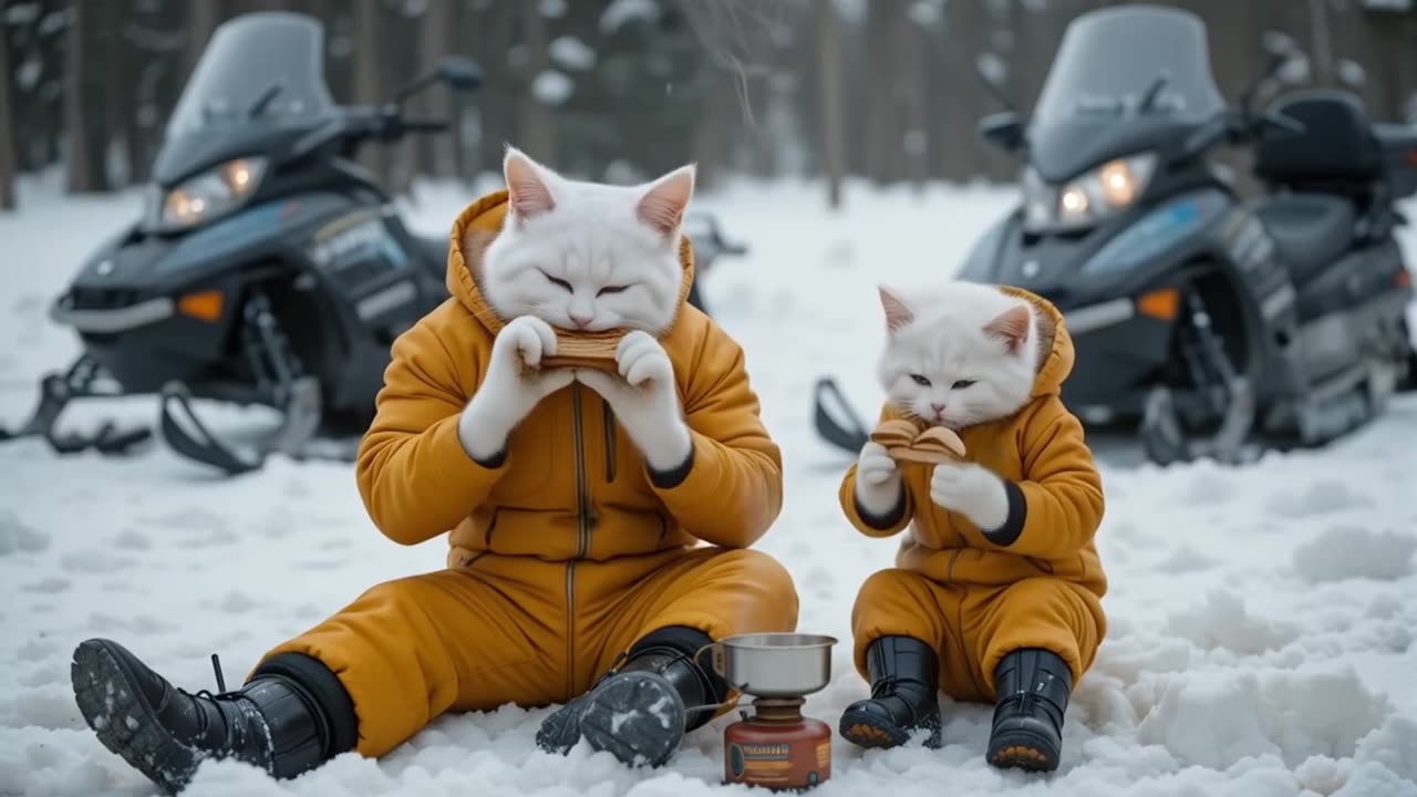 Kitten and Cat Dad Snowmobile ADVENTURE