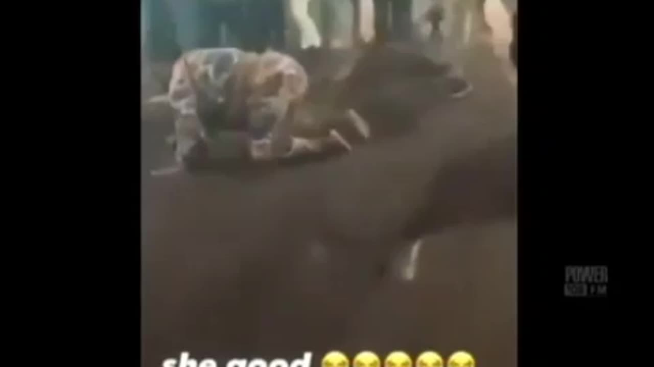 Big black lady gets yeeted by a Ford Mustang, aftermath of Mustang at the end