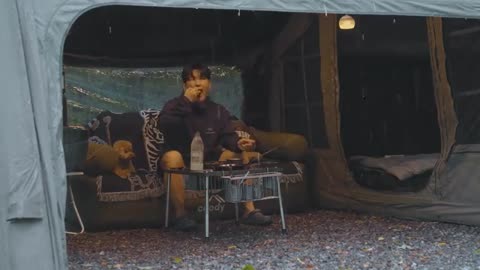 Camping in Heavy Rain with My Dog . 3-Room Inflatable Tent . Sound of Rain ASMR