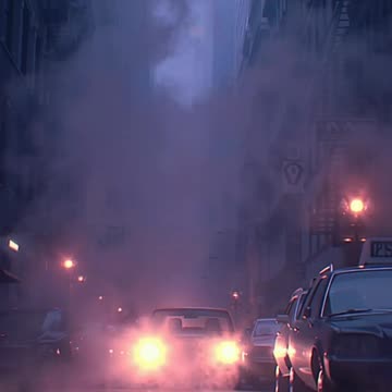 street level wide shot steam rises from manholes