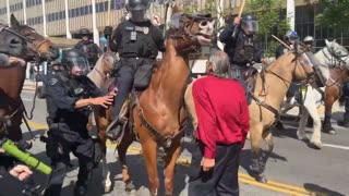 Left wing protestor gets beat and knocked to the ground for pushing police horse