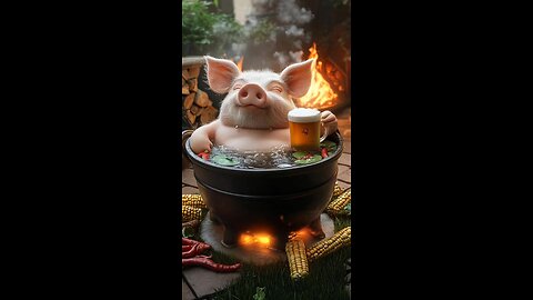 Pig enjoying beer in bathtub.