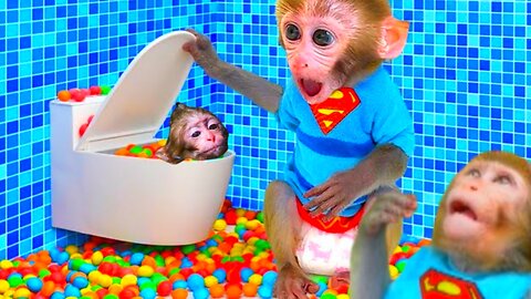 BonBonmonkey Kiki meets rain of chocolate candy & eats rainbow milk bottle jelly with ducks|Animalht