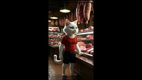 Cat steals a piece of meat to make roast beef