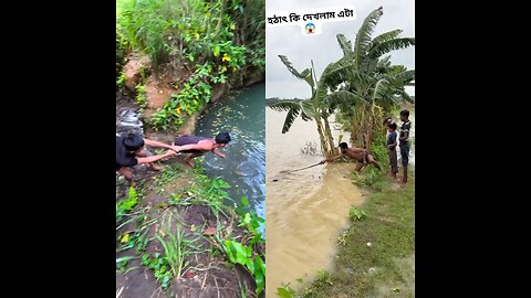 One person falls into the water. Another jumps out of the water.