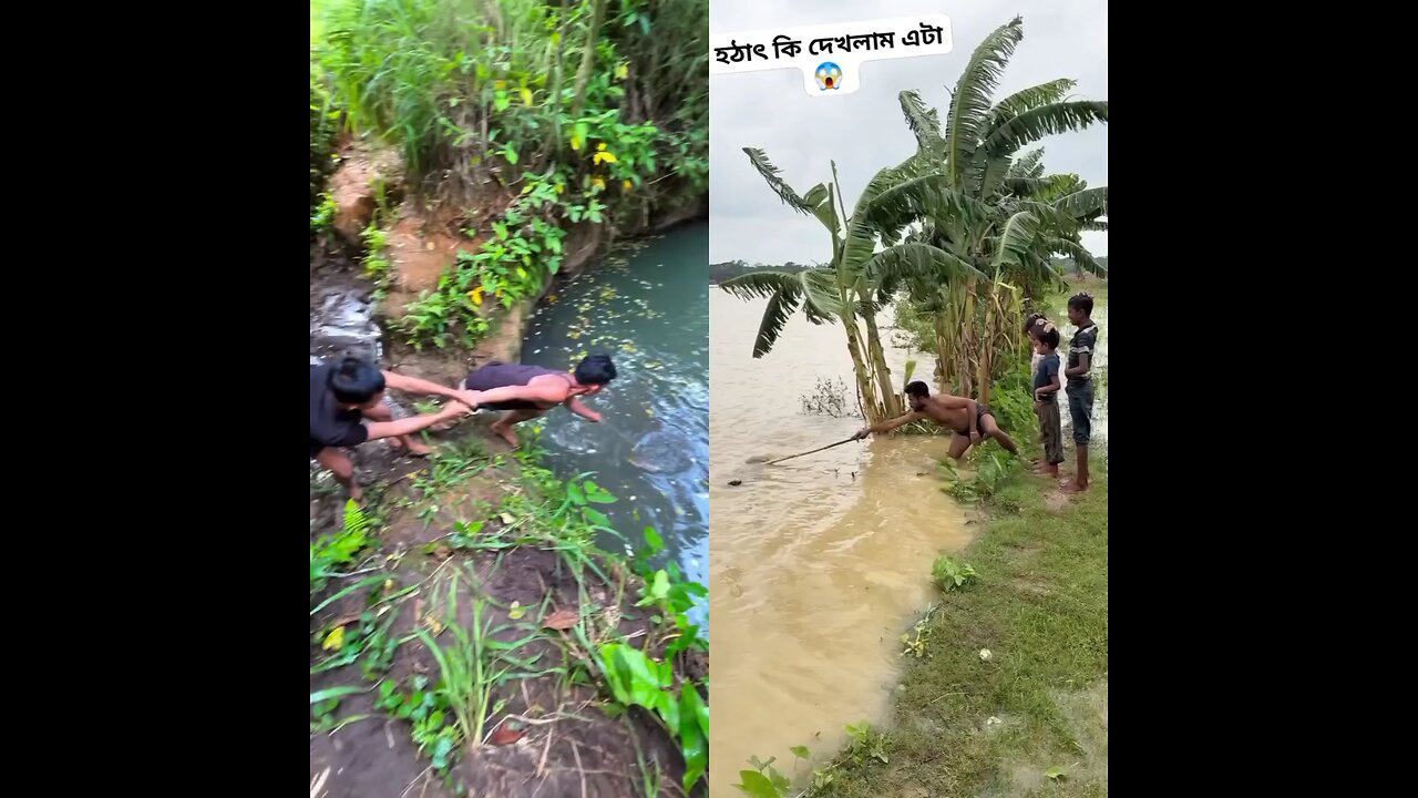 One person falls into the water. Another jumps out of the water.