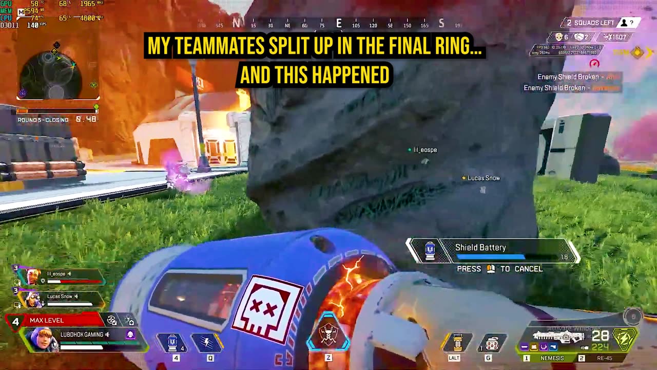 Wattson 1v3 Clutch on Broken Moon with RE-45 + Nemesis | Apex Legends