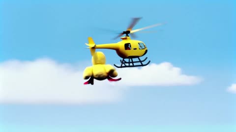 A helicopter flying a duck.