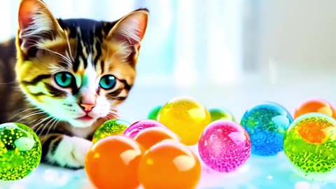 Baby cat playing on thousands of multicolored water balls #shorts #cu...