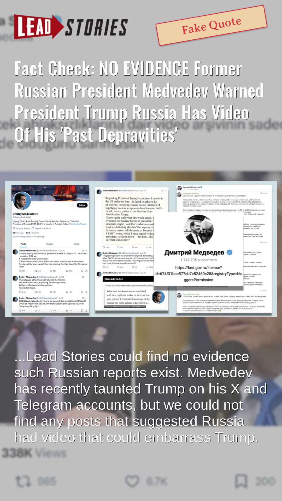 Fact Check: NO EVIDENCE Medvedev Warned President Trump Russia Has Video Of His Past Depravities