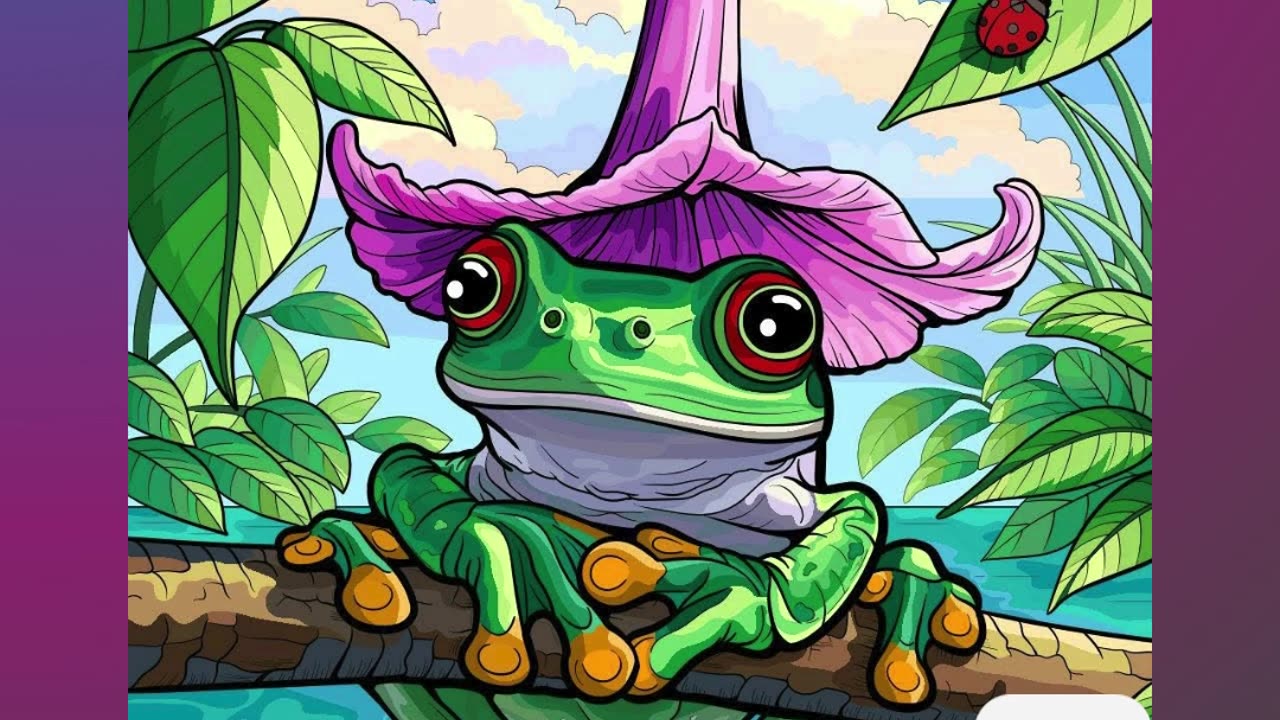 Vibrant Frog Resting Under a Colorful Flower Hat in a Tropical Forest