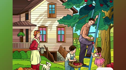 Family Gathering Apples Outdoors in a Sunny Orchard at a Countryside Home