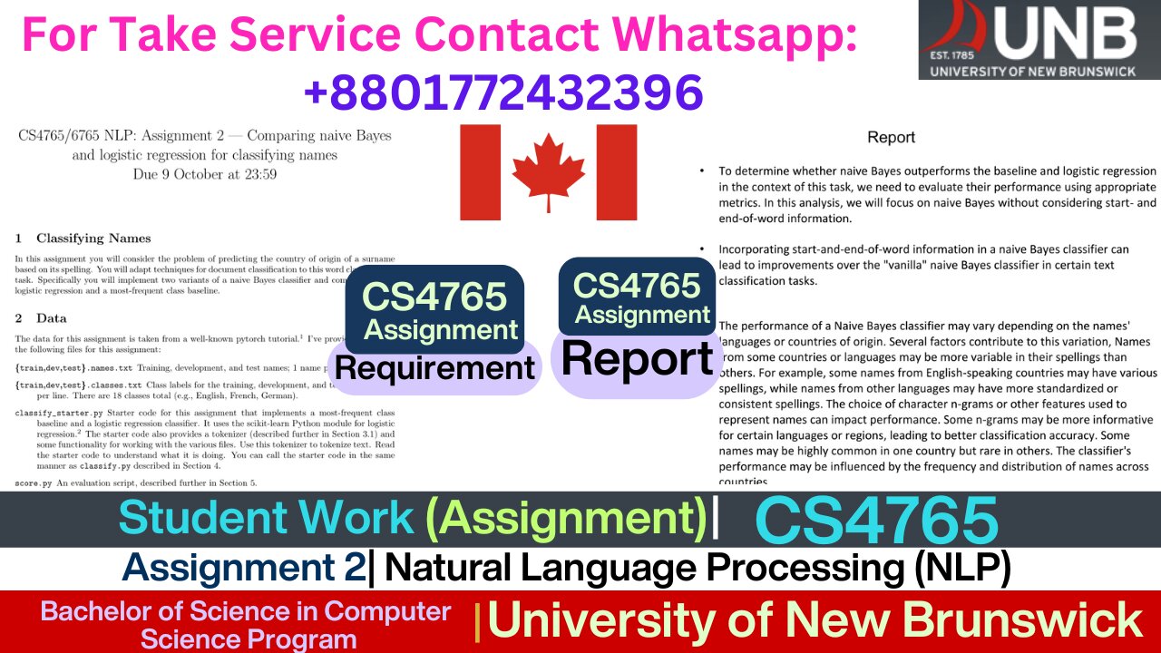Client Work (Assignment) | CS4765 NLP Text Classification | University of New Brunswick