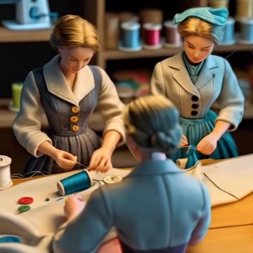 AI-generated video Miniature people tailors cutting clothes