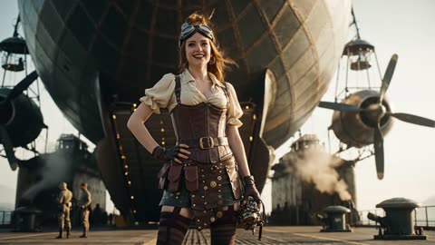 A steampunk world girl is about to take a flight in an airship.