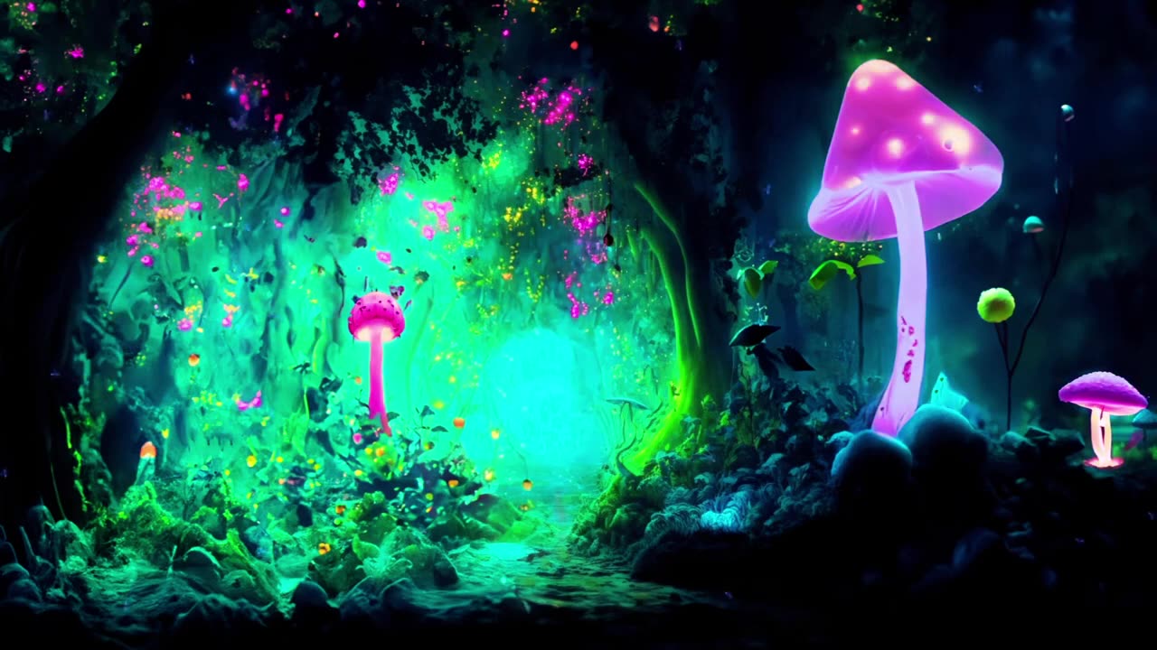 10 Hours of Waterfall Sounds in a Glowing Mushroom Forest - Deep Sleep & Relaxation Ambience