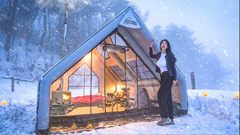 CAMPING IN HEAVY SNOW WITH A TRACTOR IN A NEW INFLATABLE TENT