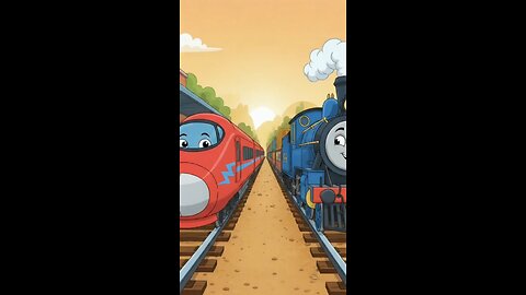 enjoy two trains disscussing about the importance of their colours and some birds flying