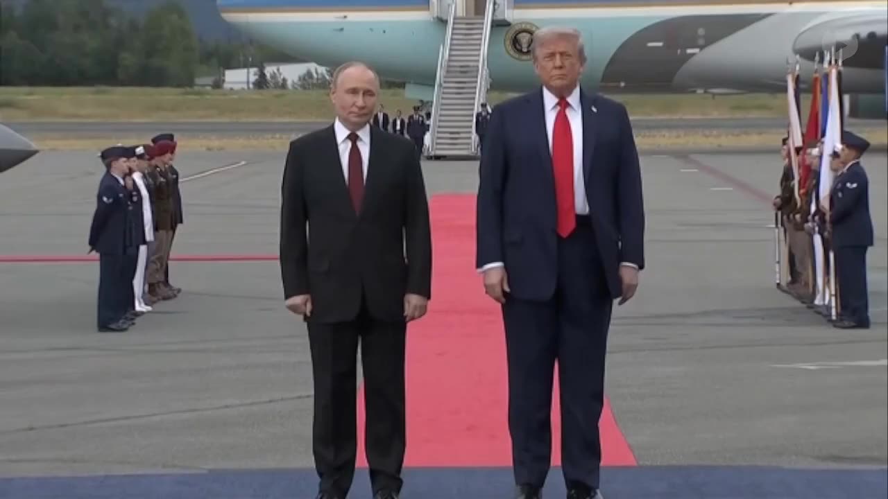 American fighter jets buzz Putin and Trump while walking the red carpet.