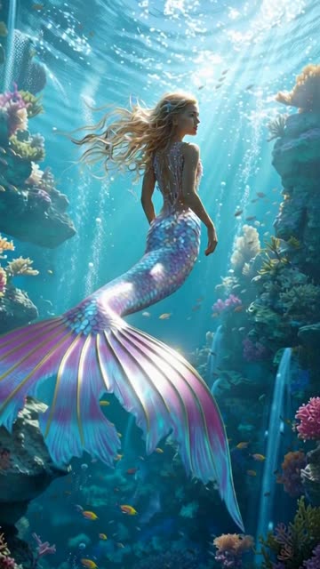 Ultra-realistic cinematic mermaid swimming underwater, 3/4 back view,