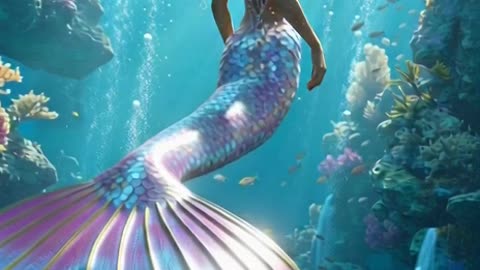 Ultra-realistic cinematic mermaid swimming underwater, 3/4 back view,