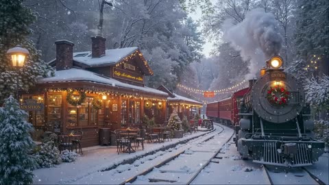 Warm Christmas Jazz at a Train Track Café – Snowfall & Cozy Holiday Ambience