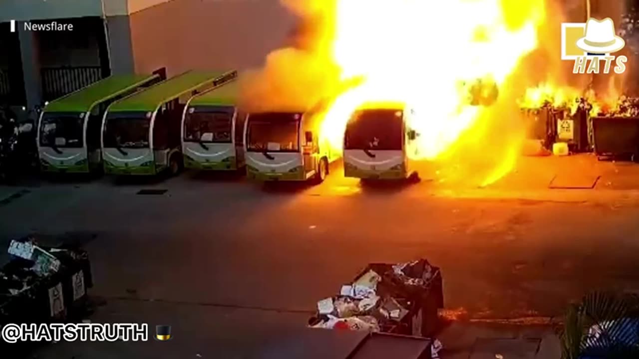 China: Electric Bus spontaneously bursts into flames, setting off a domino effect of bus fires.