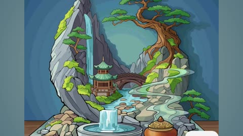 Peaceful Asian-Inspired Miniature Garden Scene with Pagoda, Waterfall, and Incense