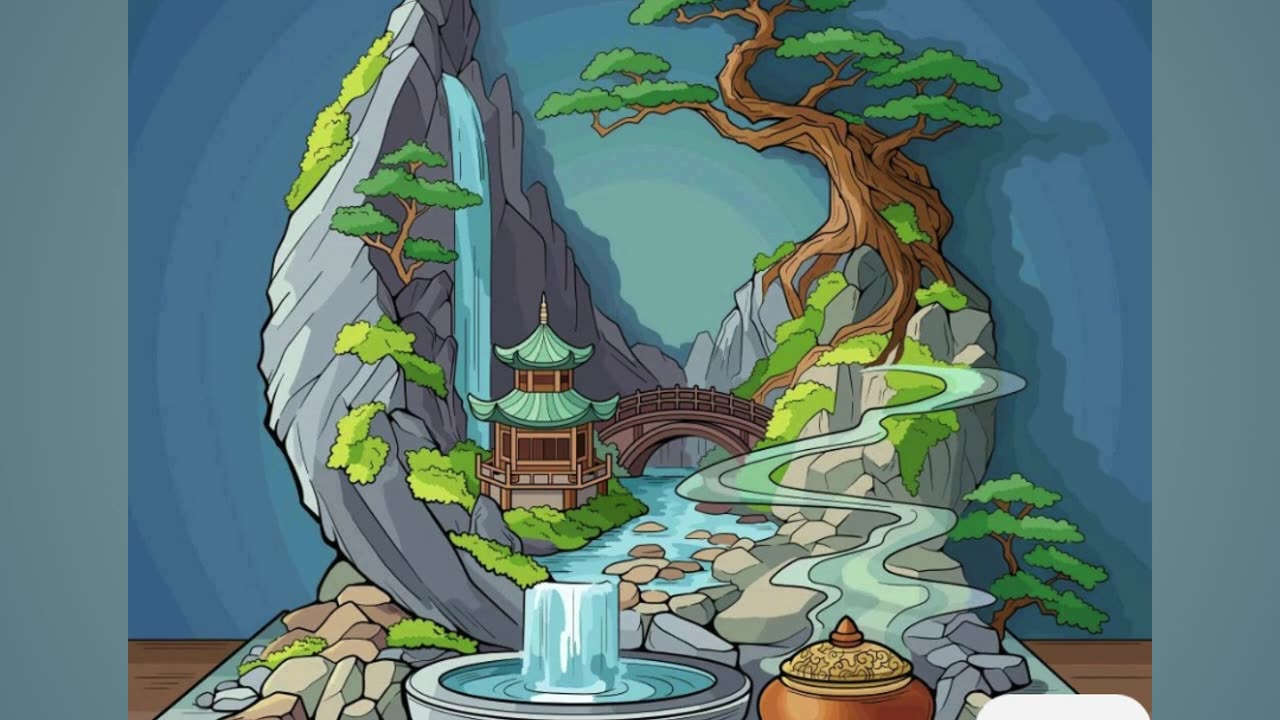 Peaceful Asian-Inspired Miniature Garden Scene with Pagoda, Waterfall, and Incense