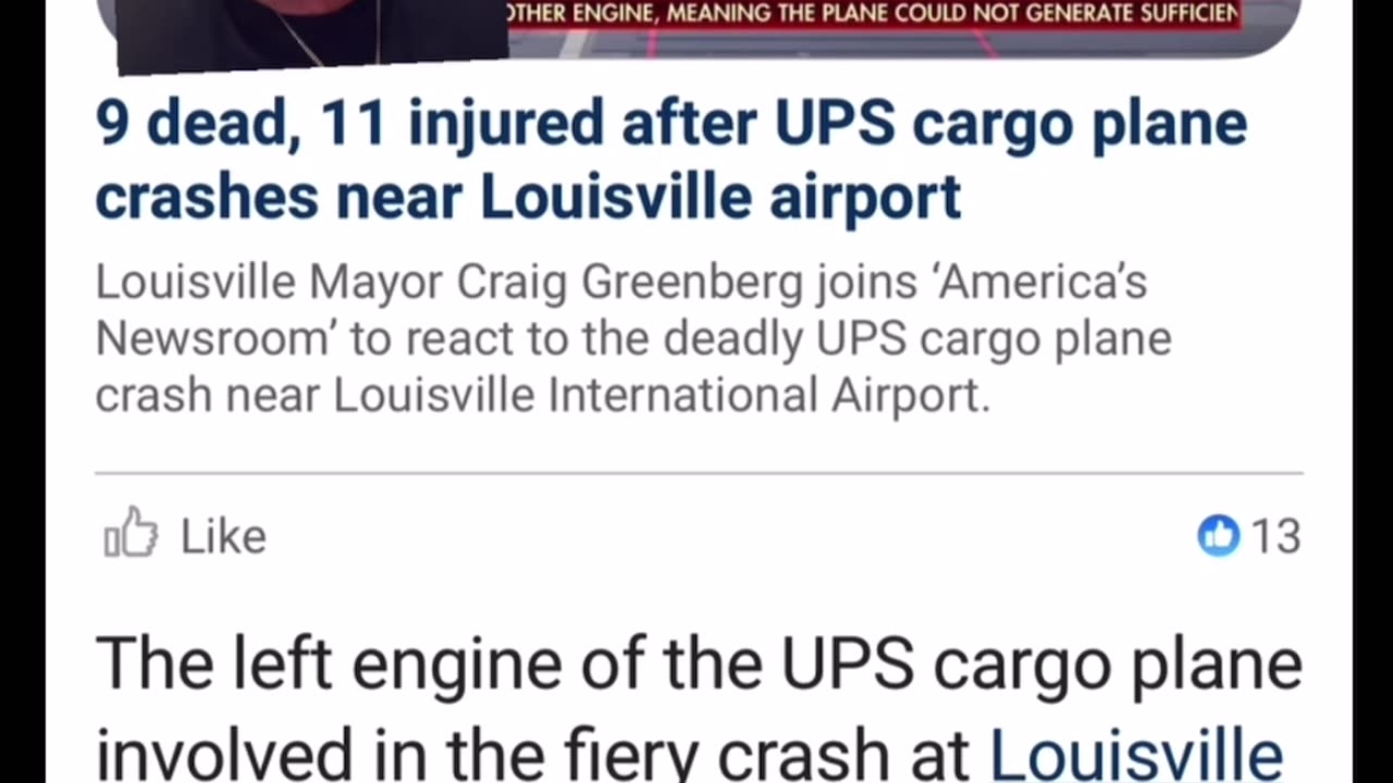 A new conspiracy theory? Or something else ? 9 dead, 11 injured after UPS cargo plane crashes near Louisville airport ✅ Credit < Shawn Michael / on Facebook >