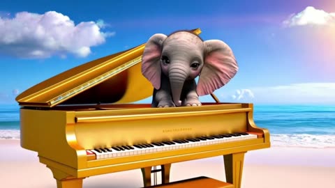Magical Baby Elephant Plays Piano on a Sunny Beach