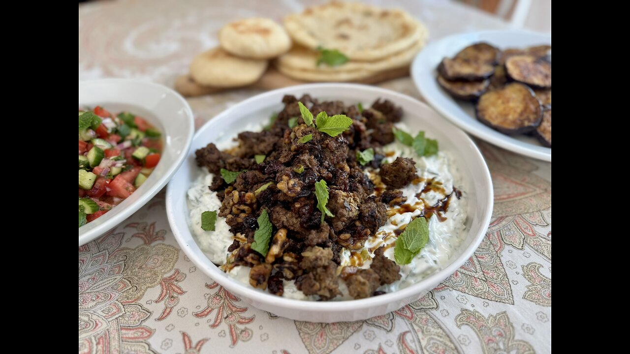 Easy 5 Star Persian Dinner Smashed Beef Kebab with Cucumber Yogurt, Spiced Roasted Eggplant Shiraz
