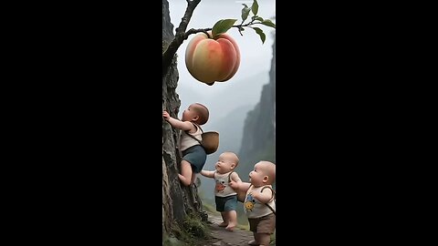 "Three Frogs Picking Peaches on a Tre