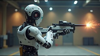 Ai Robot Holding a PRJ 17 Pistol gun shooting in a Shooting Range