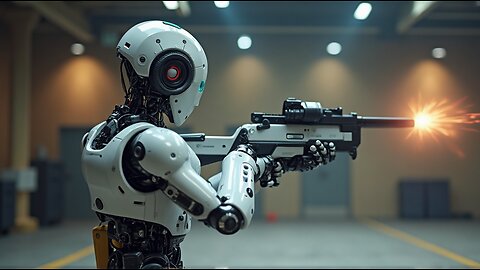 Ai Robot Holding a PRJ 17 Pistol gun shooting in a Shooting Range