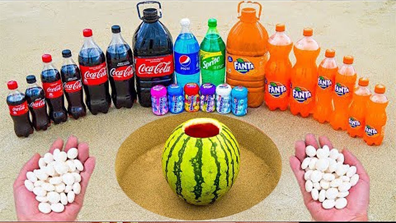 Watermelon vs Big Coca-Cola, Pepsi, Fanta, Chupa Chups, Mirinda, Mtn Dew and Mentos Underground!