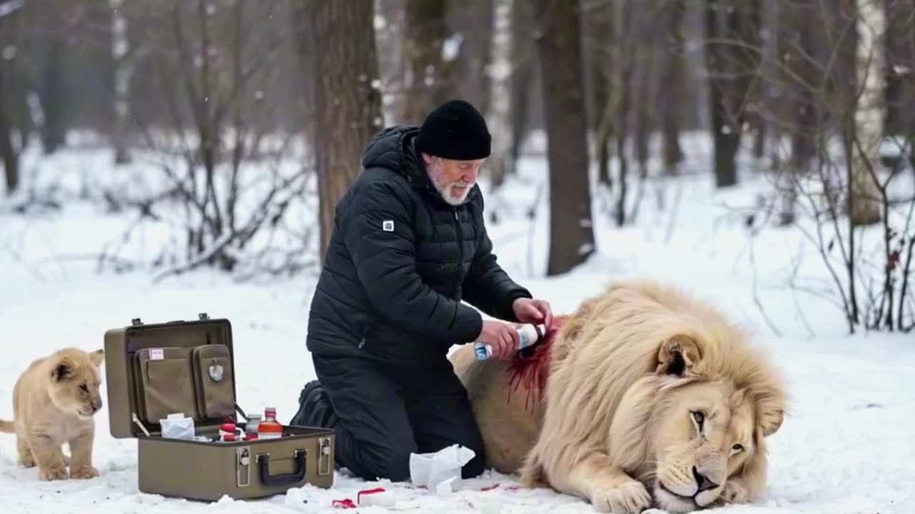 Little white lion cub saved his injured father with the help of an old man!🦁
