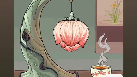 Artistic Tabletop Scene with Lotus Lamp and Steaming Tea