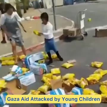 Jew children stomping on the aid for Gaza