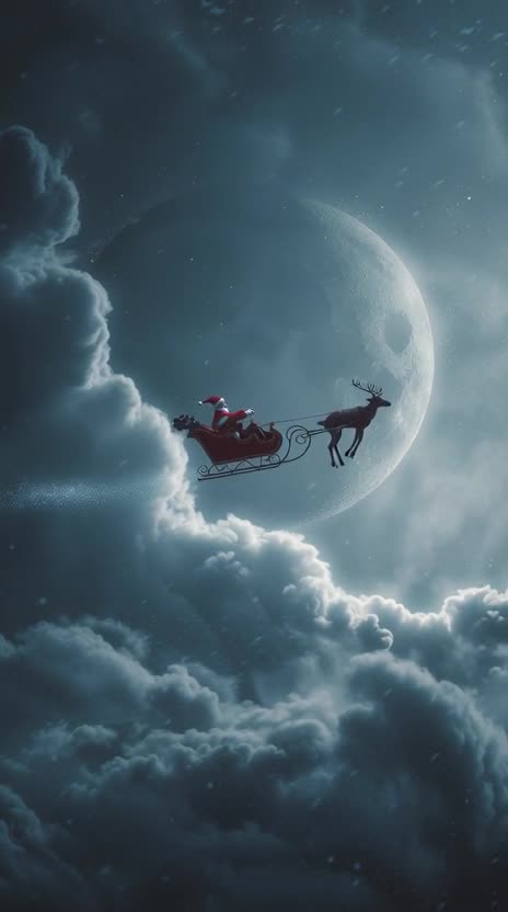 Santa claus flying in a sleigh in the sky with a moon in the background