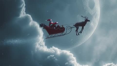 Santa claus flying in a sleigh in the sky with a moon in the background