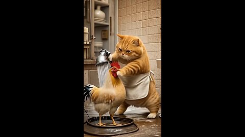 Cat eats chicken