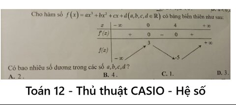 Toán 12: Thủ thuật CASIO: Cho hàm số f(x) = ax^3 + bx^2 + cx + d có bảng biến thiên. Tìm hệ số