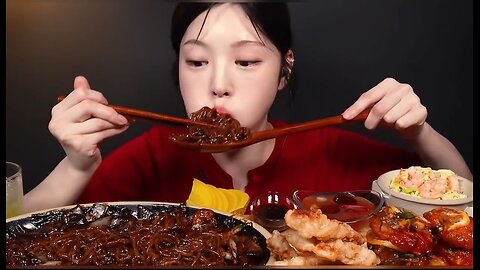 Jjajangmyeon with spicy shrimp and sweet and sour pork