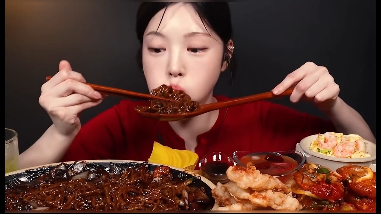Jjajangmyeon with spicy shrimp and sweet and sour pork