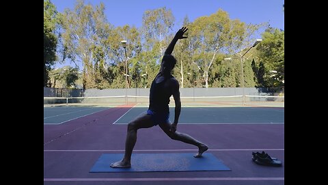 Naked, tennis court yoga