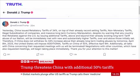 Trump threatens China with additional 50% tariffs | BBC News
