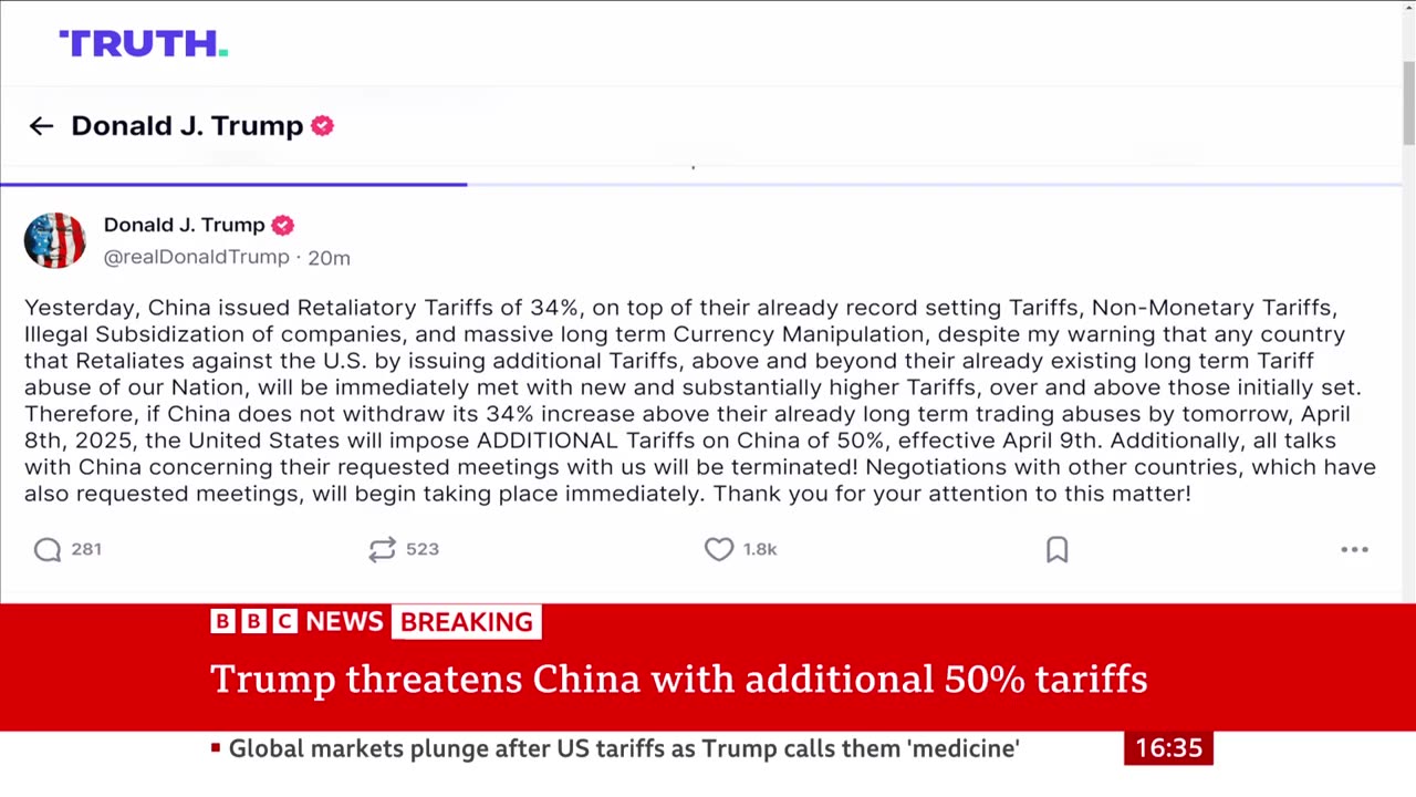 Trump threatens China with additional 50% tariffs | BBC News